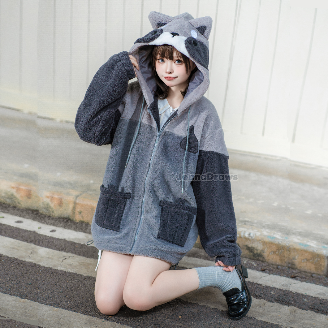 Fluffy Raccoon Zip Up Hoodie